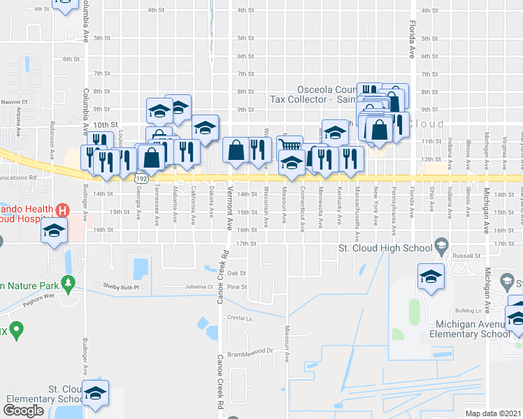 map of restaurants, bars, coffee shops, grocery stores, and more near 1430 Wisconsin Avenue in Saint Cloud