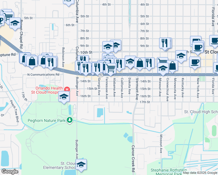 map of restaurants, bars, coffee shops, grocery stores, and more near 1400 Tennessee Avenue in St. Cloud