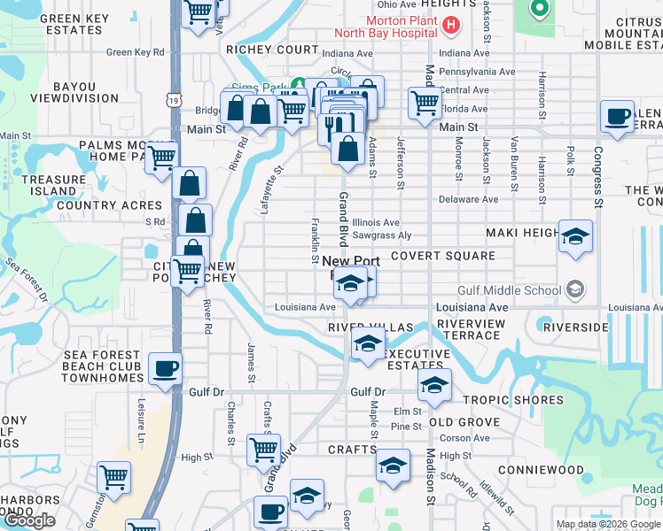 map of restaurants, bars, coffee shops, grocery stores, and more near 5709 Tennessee Avenue in New Port Richey