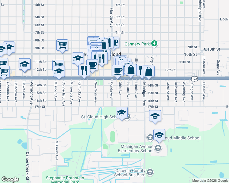 map of restaurants, bars, coffee shops, grocery stores, and more near 1423 Florida Avenue in St. Cloud