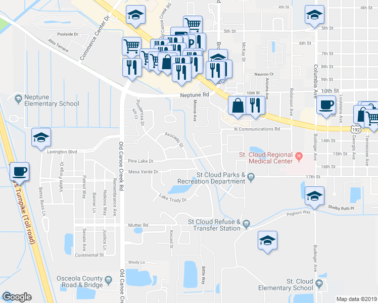 map of restaurants, bars, coffee shops, grocery stores, and more near 629 Avocado Street in St. Cloud