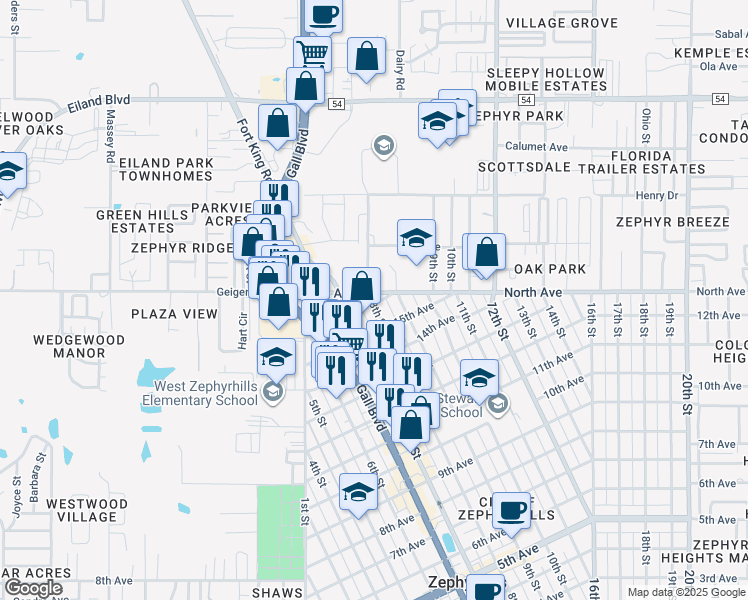 map of restaurants, bars, coffee shops, grocery stores, and more near 38150 North Avenue in Zephyrhills