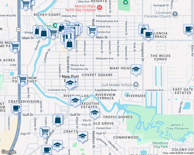 map of restaurants, bars, coffee shops, grocery stores, and more near 6021 Tennessee Avenue in New Port Richey