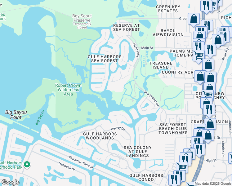 map of restaurants, bars, coffee shops, grocery stores, and more near 4516 Seagull Drive in Port Richey