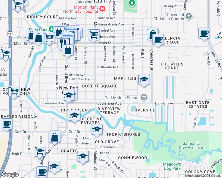 map of restaurants, bars, coffee shops, grocery stores, and more near 5911 Jackson Street in New Port Richey