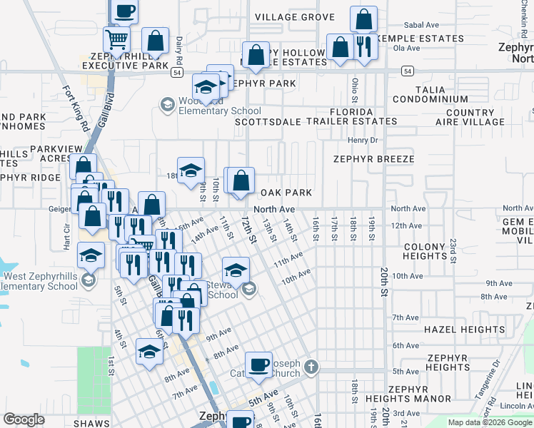 map of restaurants, bars, coffee shops, grocery stores, and more near 38520 Naomi Avenue in Zephyrhills