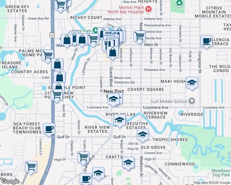 map of restaurants, bars, coffee shops, grocery stores, and more near 5741 Wyoming Avenue in New Port Richey