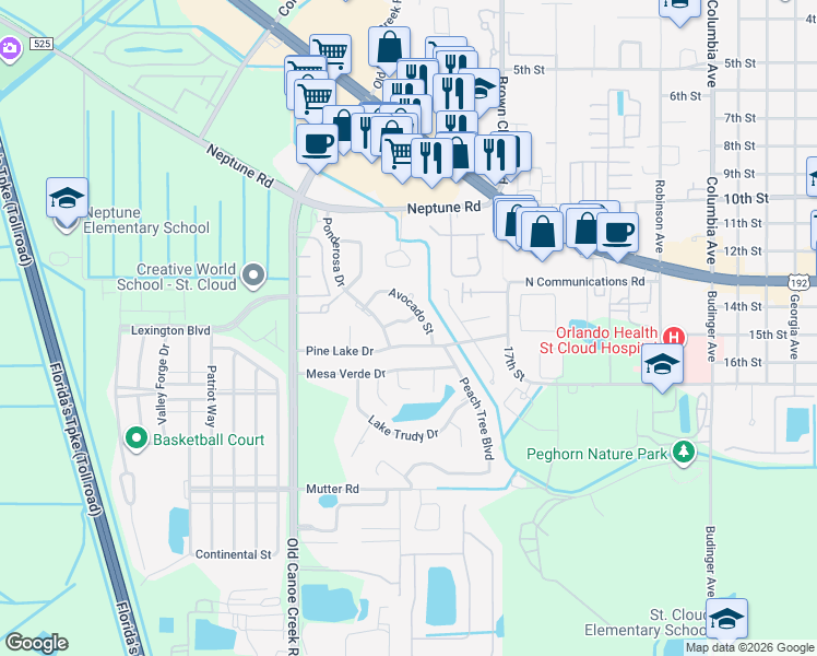 map of restaurants, bars, coffee shops, grocery stores, and more near 708 Avocado Street in St. Cloud