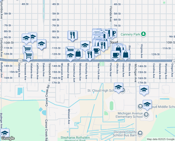map of restaurants, bars, coffee shops, grocery stores, and more near 1419 Kentucky Avenue in Saint Cloud