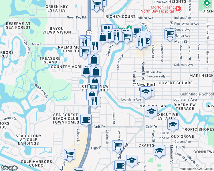 map of restaurants, bars, coffee shops, grocery stores, and more near 5909 Rio Drive in New Port Richey