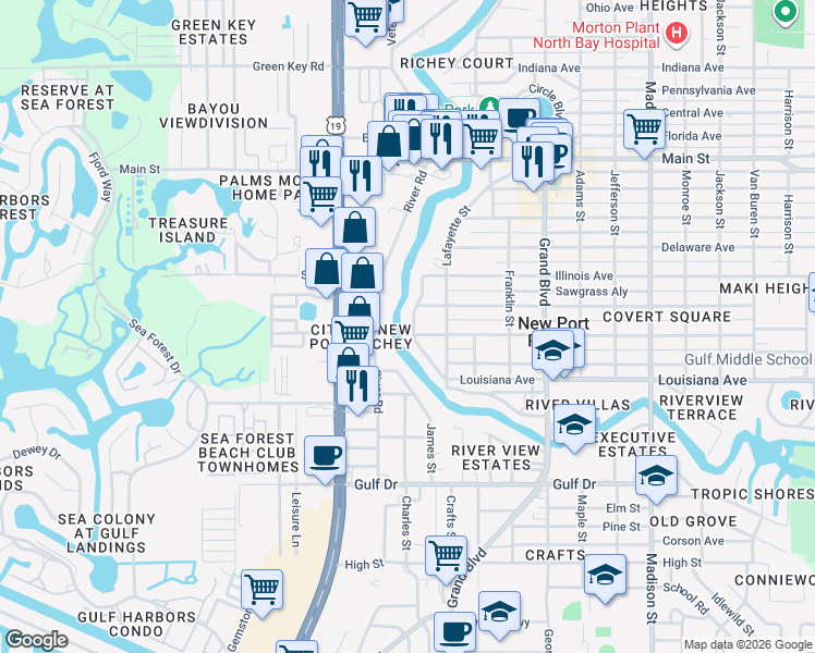map of restaurants, bars, coffee shops, grocery stores, and more near 5851 Rio Drive in New Port Richey