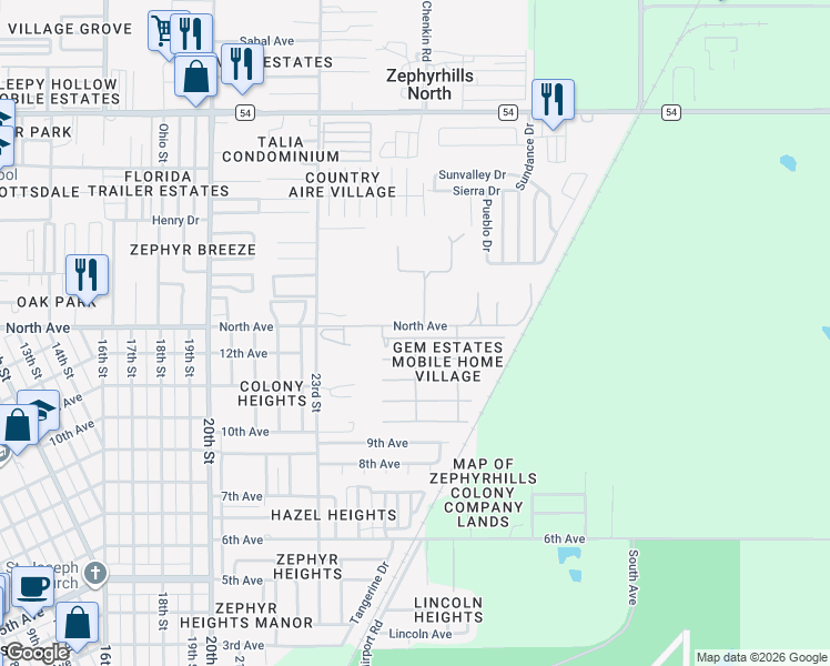 map of restaurants, bars, coffee shops, grocery stores, and more near 39443 Elgin Dr in Zephyrhills