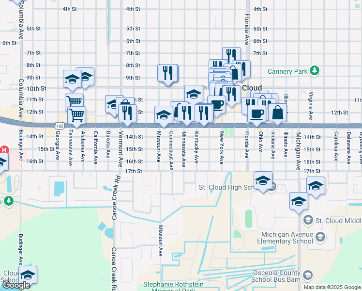 map of restaurants, bars, coffee shops, grocery stores, and more near 1401 Minnesota Avenue in St. Cloud