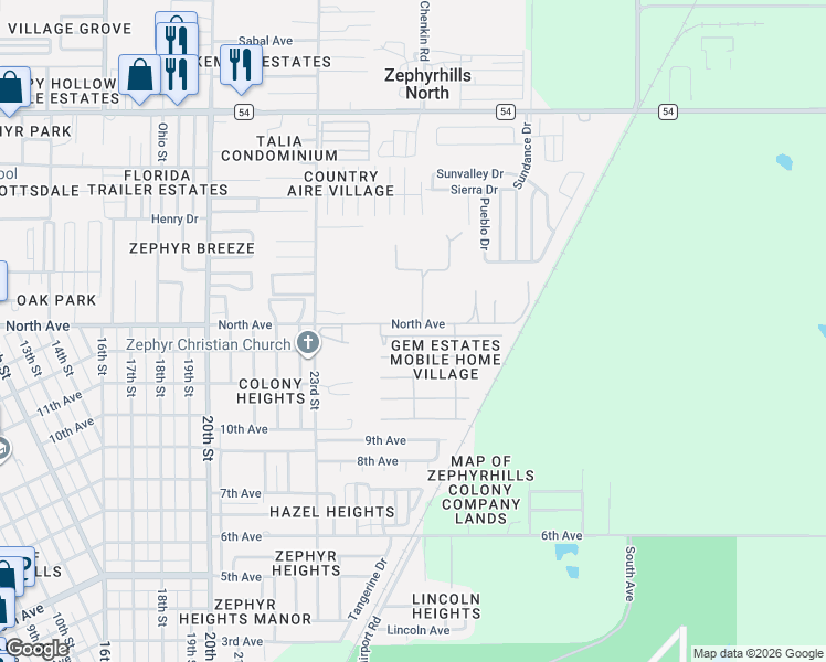 map of restaurants, bars, coffee shops, grocery stores, and more near 39437 Elgin Drive in Zephyrhills