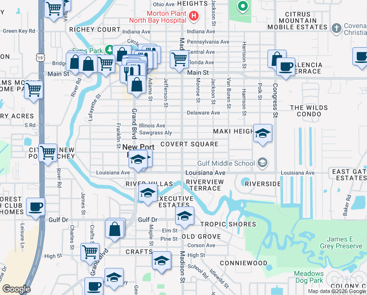map of restaurants, bars, coffee shops, grocery stores, and more near 5940 Wyoming Avenue in New Port Richey