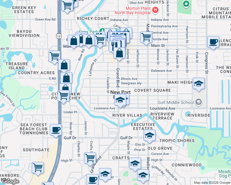 map of restaurants, bars, coffee shops, grocery stores, and more near 5702 Wyoming Avenue in New Port Richey