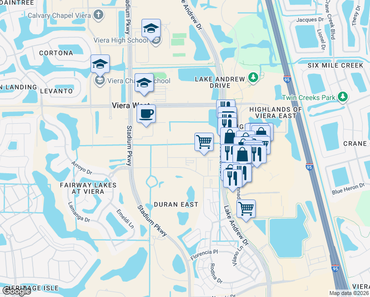 map of restaurants, bars, coffee shops, grocery stores, and more near 2434 Metfield Drive in Melbourne