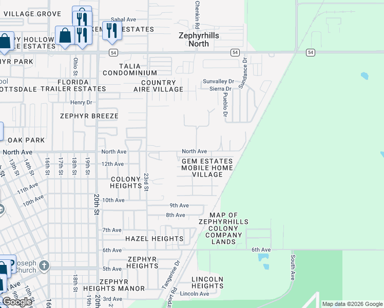 map of restaurants, bars, coffee shops, grocery stores, and more near 39443 Elgin Drive in Zephyrhills