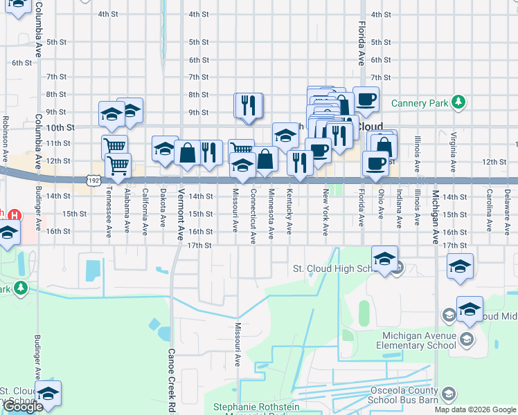 map of restaurants, bars, coffee shops, grocery stores, and more near 1415 Connecticut Avenue in Saint Cloud