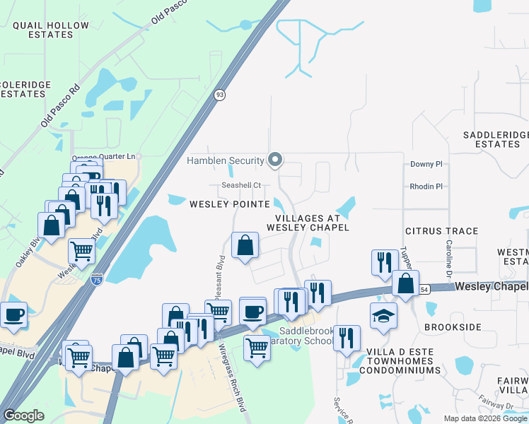 map of restaurants, bars, coffee shops, grocery stores, and more near 5915 Sand Key Lane in Wesley Chapel