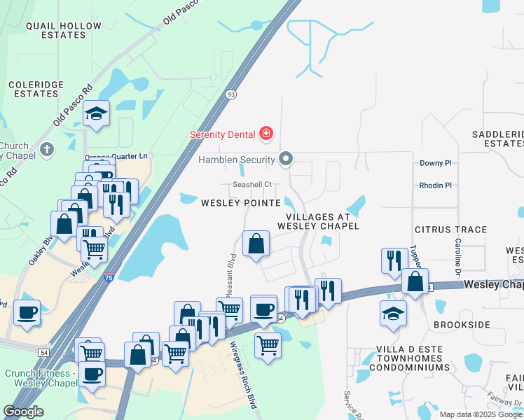 map of restaurants, bars, coffee shops, grocery stores, and more near 5943 Sand Key Lane in Wesley Chapel