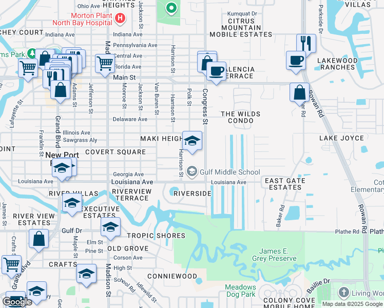 map of restaurants, bars, coffee shops, grocery stores, and more near 6419 Louisiana Avenue in New Port Richey