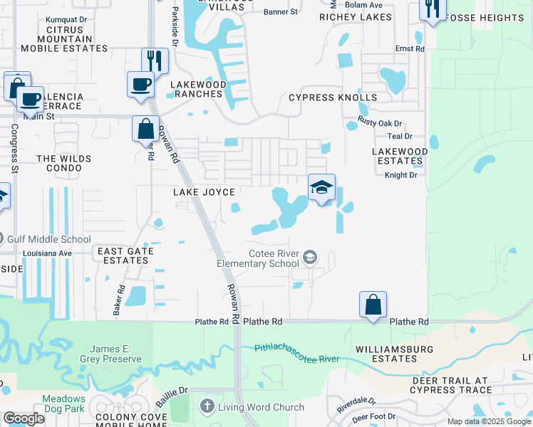 map of restaurants, bars, coffee shops, grocery stores, and more near 7322 Alure Lane in New Port Richey