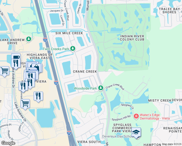 map of restaurants, bars, coffee shops, grocery stores, and more near 1413 Old Millpond Road in Melbourne