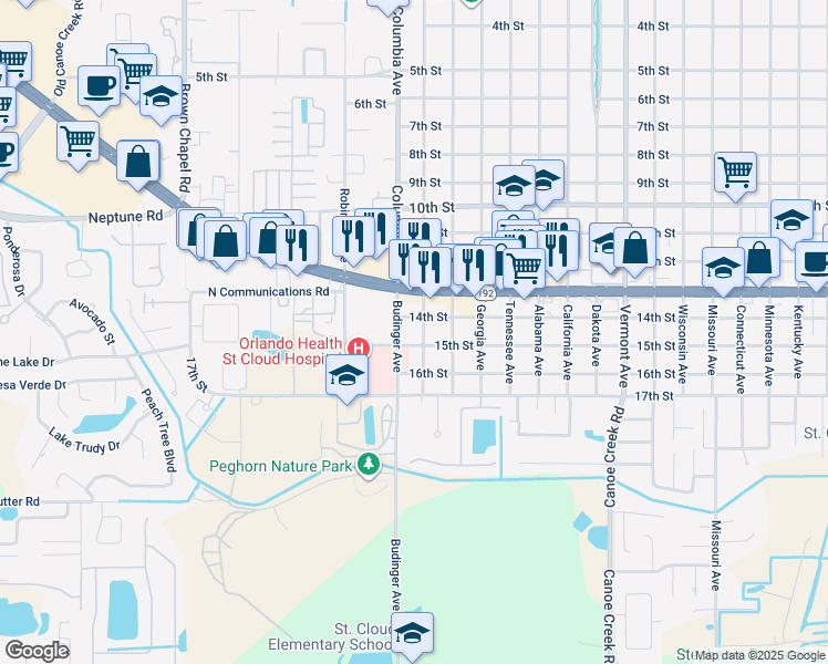 map of restaurants, bars, coffee shops, grocery stores, and more near 1401 Montana Avenue in St. Cloud