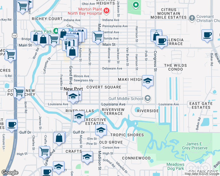 map of restaurants, bars, coffee shops, grocery stores, and more near 6030 Wyoming Avenue in New Port Richey