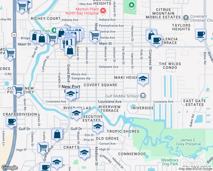 map of restaurants, bars, coffee shops, grocery stores, and more near 6030 Wyoming Avenue in New Port Richey