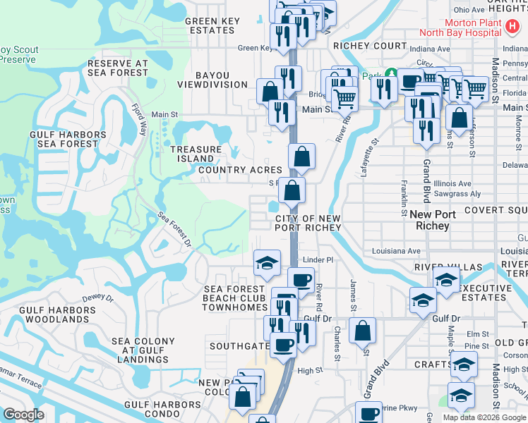 map of restaurants, bars, coffee shops, grocery stores, and more near 5120 Crescent Lane in Port Richey