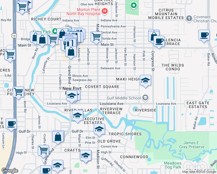 map of restaurants, bars, coffee shops, grocery stores, and more near 6030 Wyoming Avenue in New Port Richey