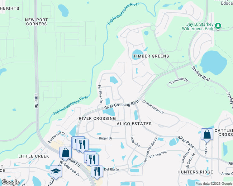 map of restaurants, bars, coffee shops, grocery stores, and more near 9137 Remington Drive in New Port Richey