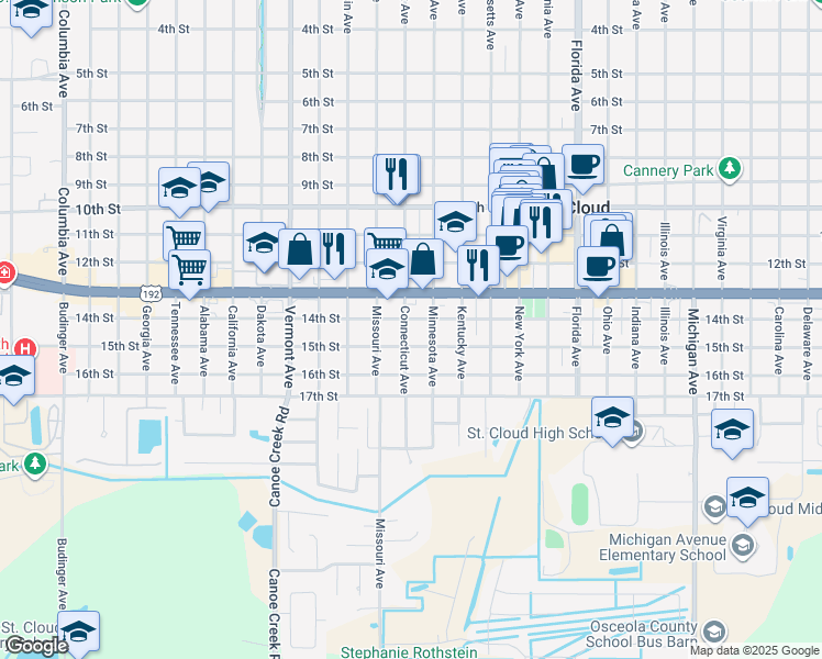 map of restaurants, bars, coffee shops, grocery stores, and more near 1323 Connecticut Avenue in St. Cloud