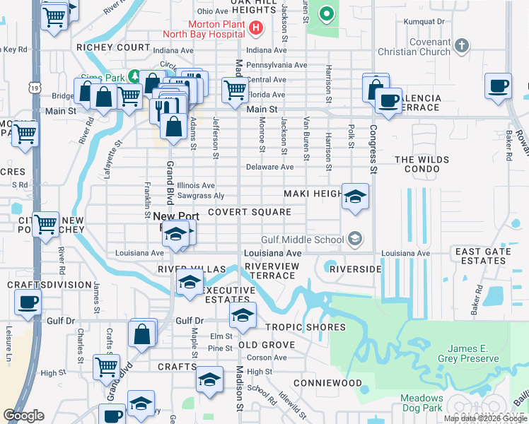 map of restaurants, bars, coffee shops, grocery stores, and more near 6030 Wyoming Avenue in New Port Richey