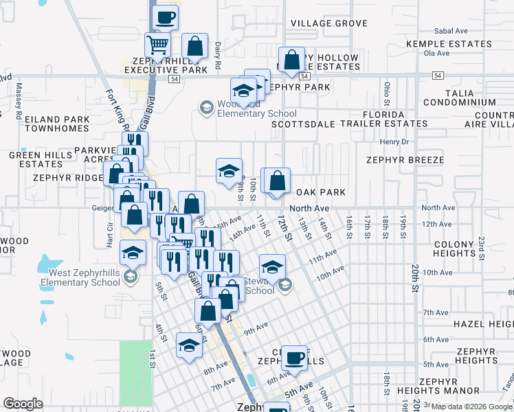 map of restaurants, bars, coffee shops, grocery stores, and more near 6015 10th Street in Zephyrhills
