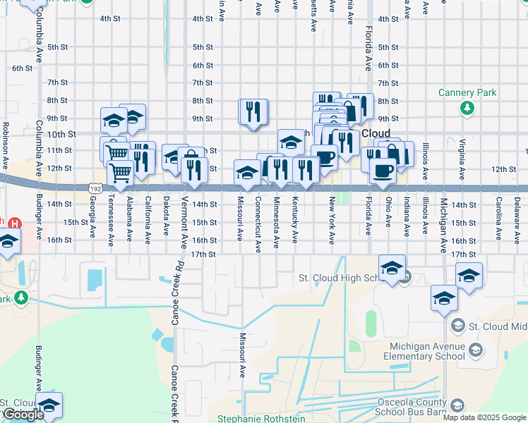 map of restaurants, bars, coffee shops, grocery stores, and more near 1407 Connecticut Avenue in St. Cloud