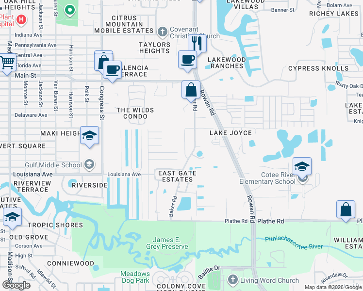 map of restaurants, bars, coffee shops, grocery stores, and more near 6834 Ferret Lane in New Port Richey