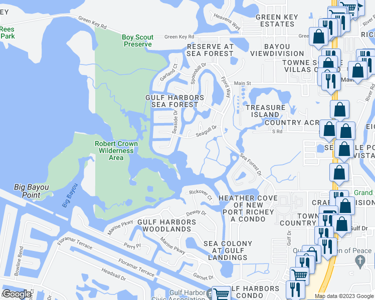 map of restaurants, bars, coffee shops, grocery stores, and more near 4516 Seagull Drive in Port Richey