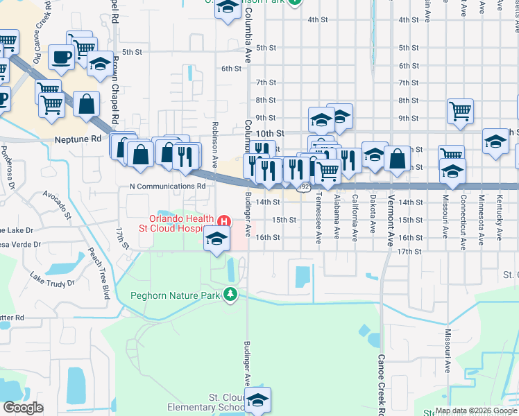 map of restaurants, bars, coffee shops, grocery stores, and more near 1401 Montana Avenue in St. Cloud