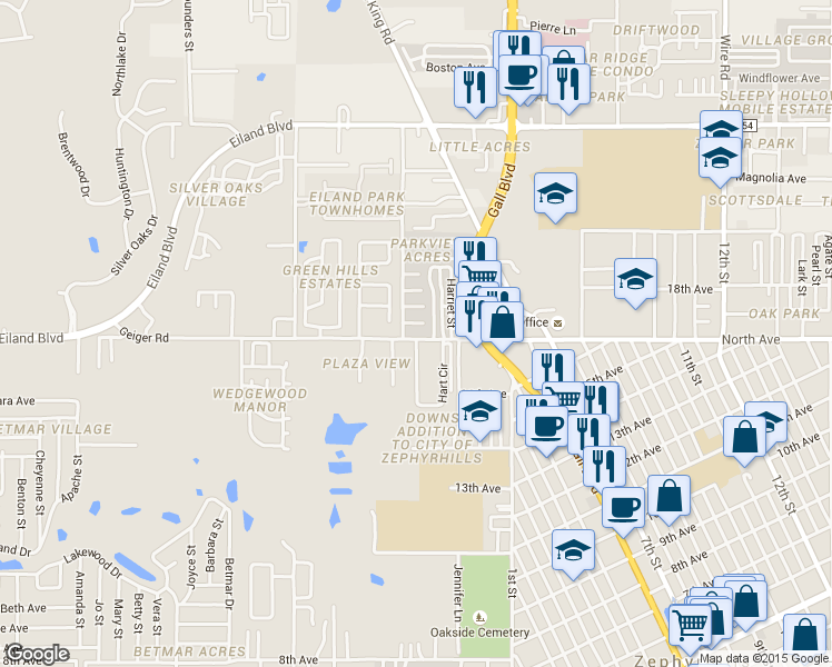 map of restaurants, bars, coffee shops, grocery stores, and more near 37743 Geiger Road in Zephyrhills