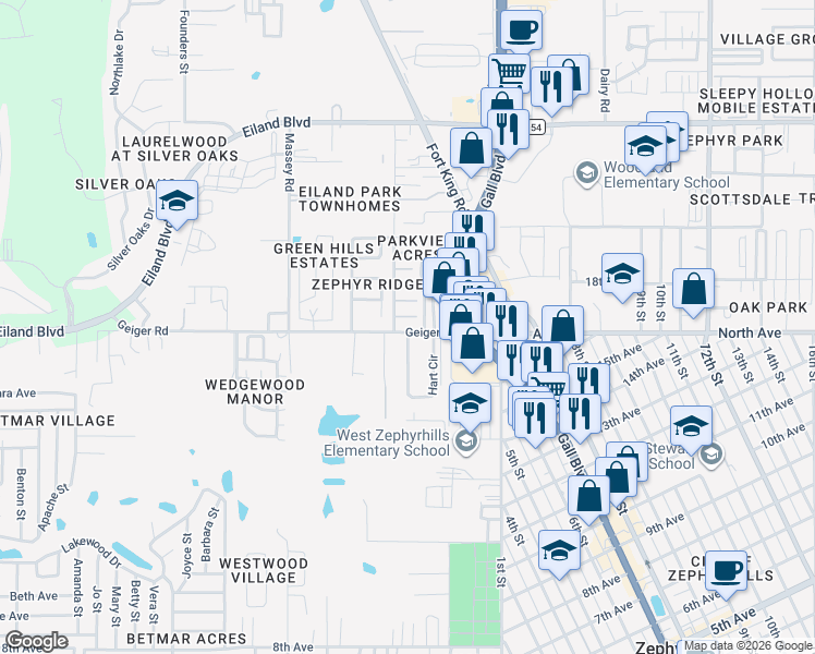 map of restaurants, bars, coffee shops, grocery stores, and more near 6012 Ridgeway Drive in Zephyrhills