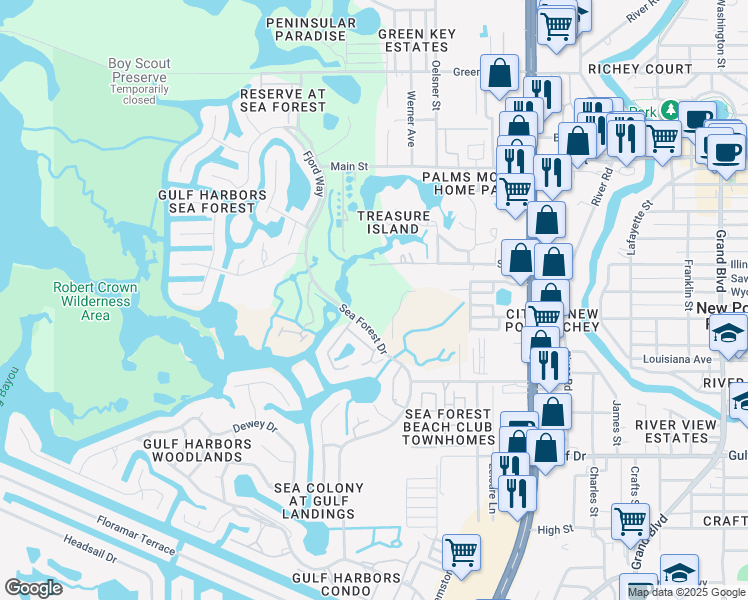 map of restaurants, bars, coffee shops, grocery stores, and more near 5852 Sea Forest Drive in New Port Richey