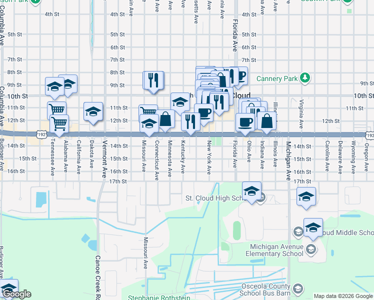 map of restaurants, bars, coffee shops, grocery stores, and more near 1407 Kentucky Avenue in St. Cloud