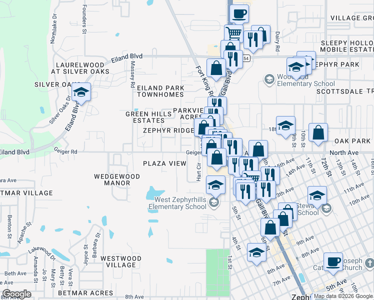 map of restaurants, bars, coffee shops, grocery stores, and more near 37743 Geiger Road in Zephyrhills