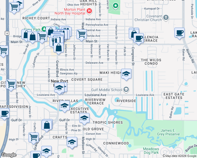 map of restaurants, bars, coffee shops, grocery stores, and more near 5911 Jackson St in New Port Richey