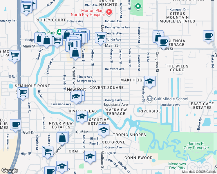 map of restaurants, bars, coffee shops, grocery stores, and more near 6030 Wyoming Avenue in New Port Richey
