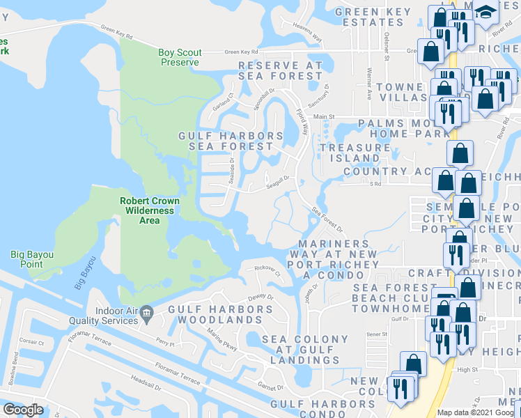 map of restaurants, bars, coffee shops, grocery stores, and more near 4516 Seagull Drive in Port Richey