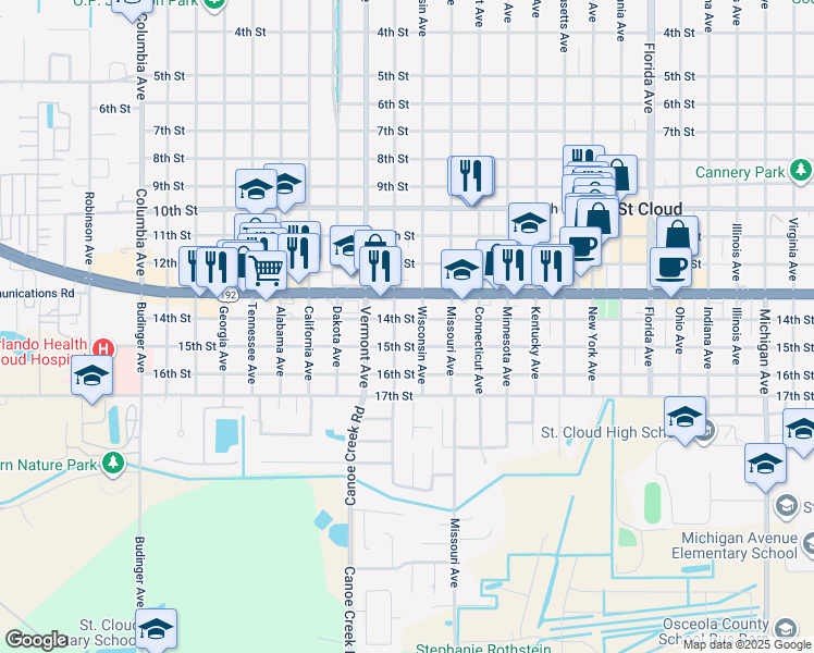 map of restaurants, bars, coffee shops, grocery stores, and more near 1401 Jersey Avenue in St. Cloud